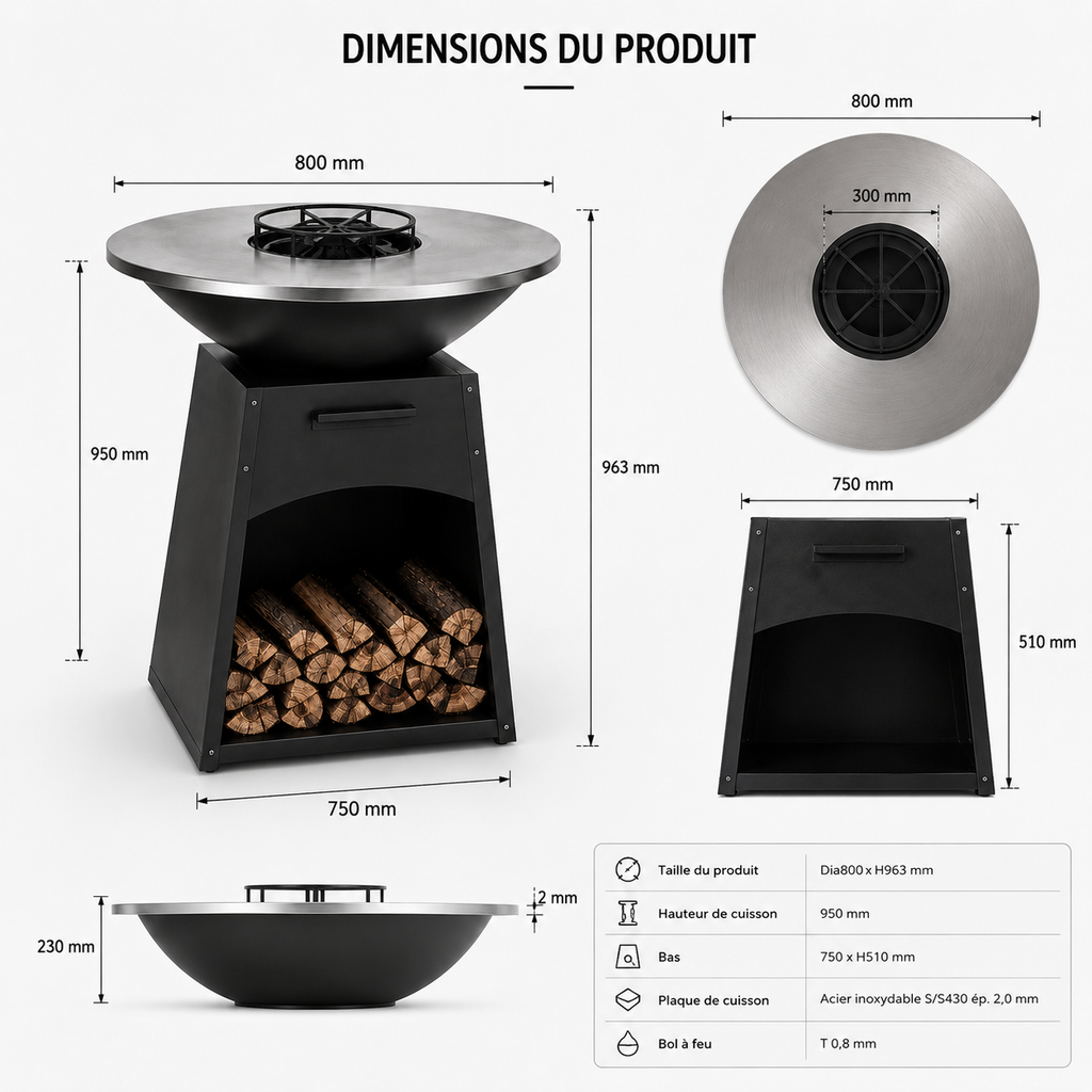 Brasero d’extérieur Atelier Braise en acier Corten avec barbecue intégré